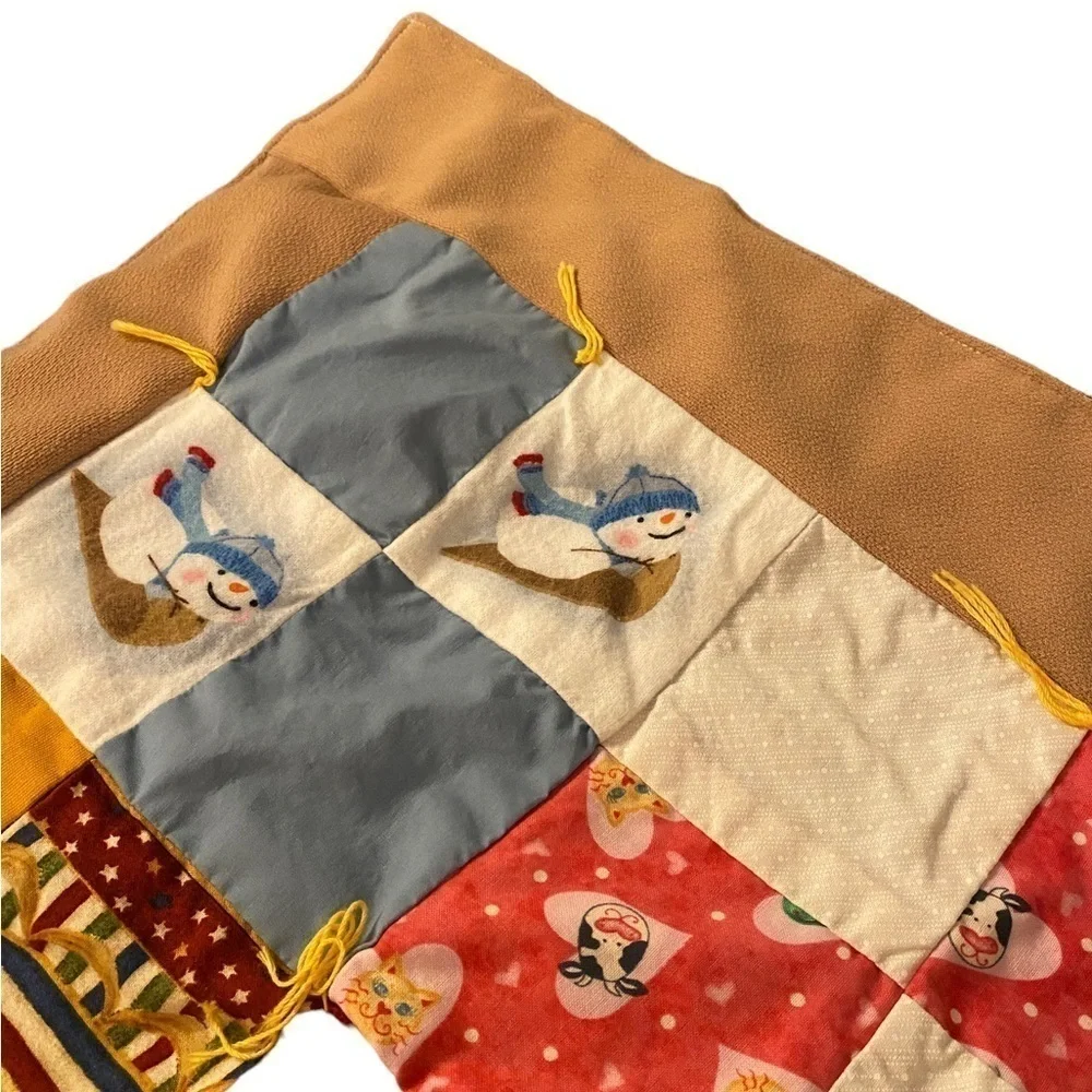 Patchwork Tied Cottagecore Quilt w/a Winter Blue Snowman Scene on Backside